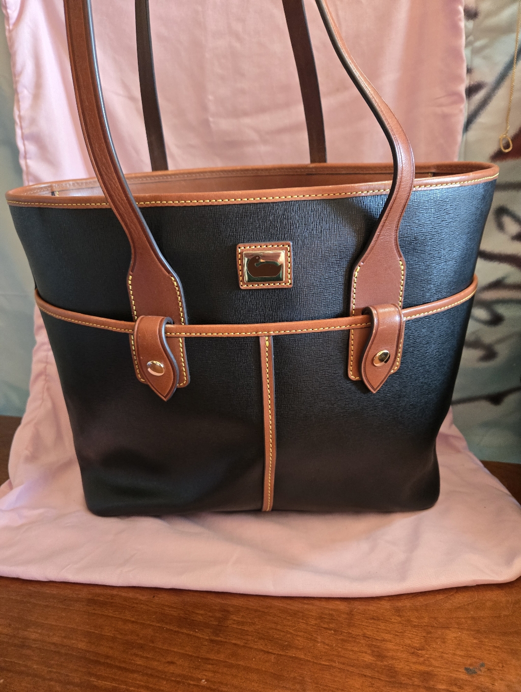 Dooney & Bourke Double Pocket Black Leather Tote